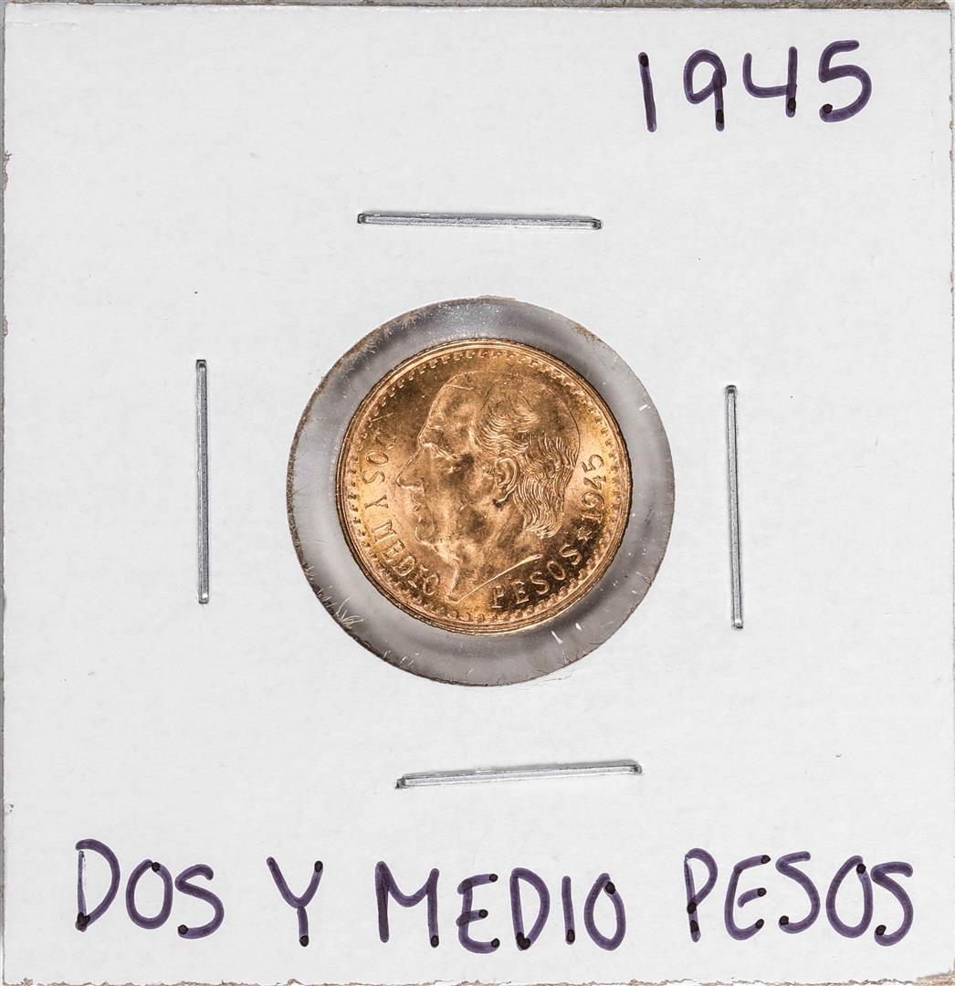 1945 Mexico Dos Y Medio Pesos Gold Coin: One 1945 Mexico Dos Y Medio Pesos Gold Coin.