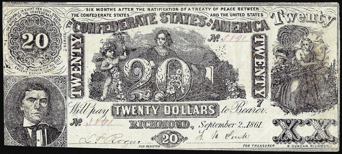 1861 $20 Confederate States of America Note: One 1861 $20 Confederate States of America Note.