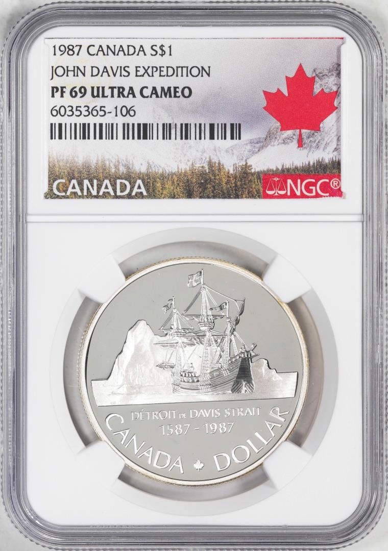 1987 Canada $1 Proof John Davis Expedition Silver Dollar Coin NGC PF69 Ultra Cameo: One 1987 Canada $1 Proof John Davis Expedition Silver Dollar Coin NGC PF69 Ultra Cameo. NGC Certified.