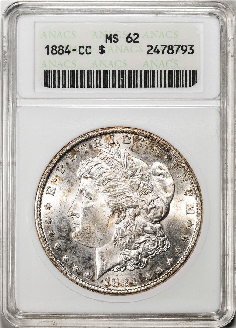 1884-CC $1 Morgan Silver Dollar Coin ANACS MS62 Old Soap Box Holder: One 1884-CC $1 Morgan Silver Dollar Coin ANACS MS62 Old Soap Box Holder. ANACS Certified.