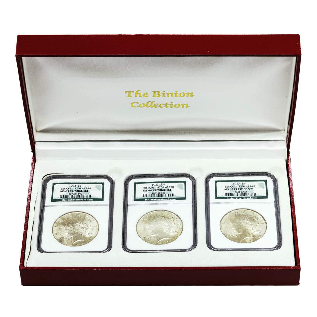 Binion Prestige Set of (3) 1923 $1 Peace Silver Dollar Coins NGC MS63/MS64/MS65: One Binion Prestige Set of (3) 1923 $1 Peace Silver Dollar Coins NGC MS63/MS64/MS65. NGC Certified.