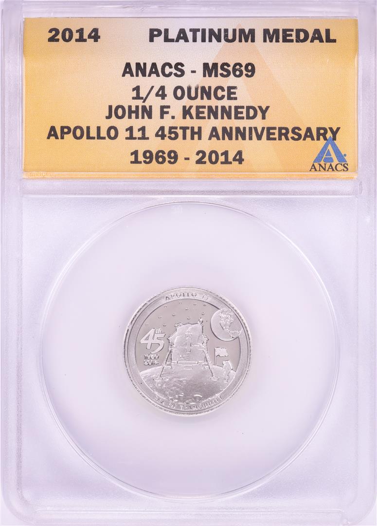 2014 Proof 1/4 oz Platinum JFK Apollo 11 Anniversary Medal ANACS MS69: One 2014 Proof 1/4 oz Platinum JFK Apollo 11 Anniversary Medal ANACS MS69. ANACS Certified.