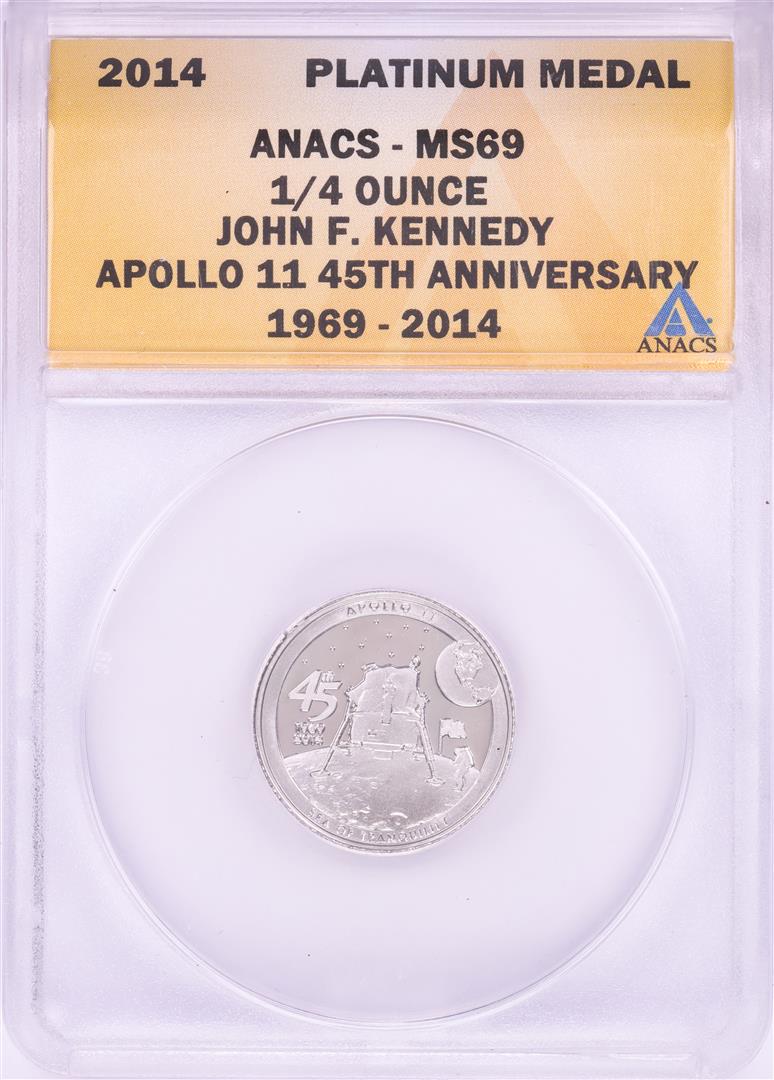 2014 Proof 1/4 oz Platinum JFK Apollo 11 Anniversary Medal ANACS MS69: One 2014 Proof 1/4 oz Platinum JFK Apollo 11 Anniversary Medal ANACS MS69. ANACS Certified.