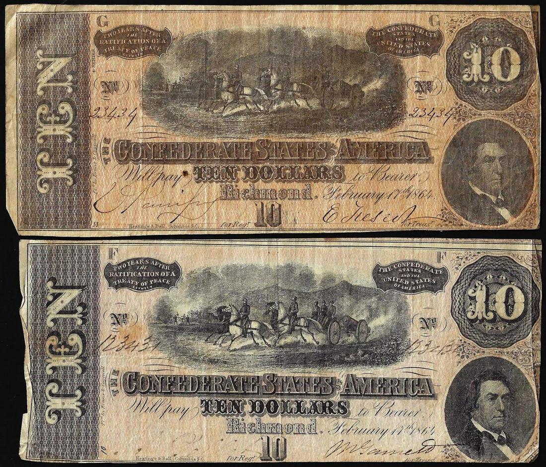 Lot of (2) 1864 $10 Confederate States of America Notes: One Lot of (2) 1864 $10 Confederate States of America Notes.