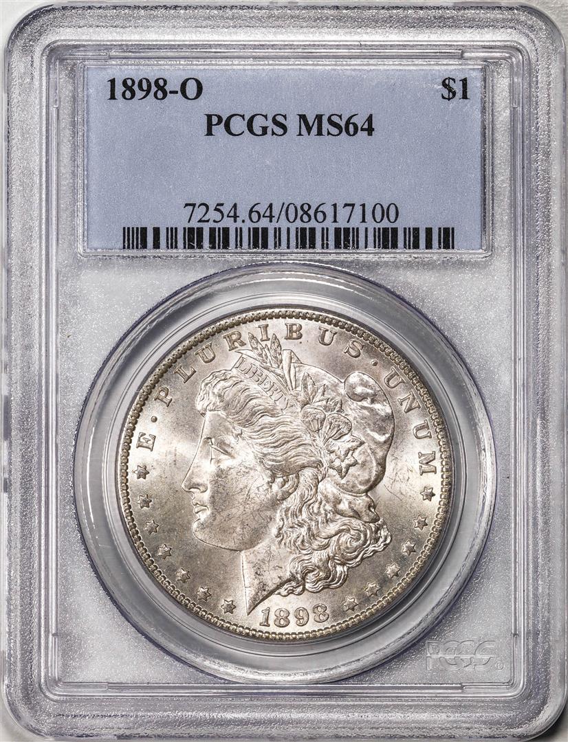 1898-O $1 Morgan Silver Dollar Coin PCGS MS64: 1898-O $1 Morgan Silver Dollar Coin PCGS MS64, please note that this item has a chipped slab as shown in the pictures. PCGS Graded.