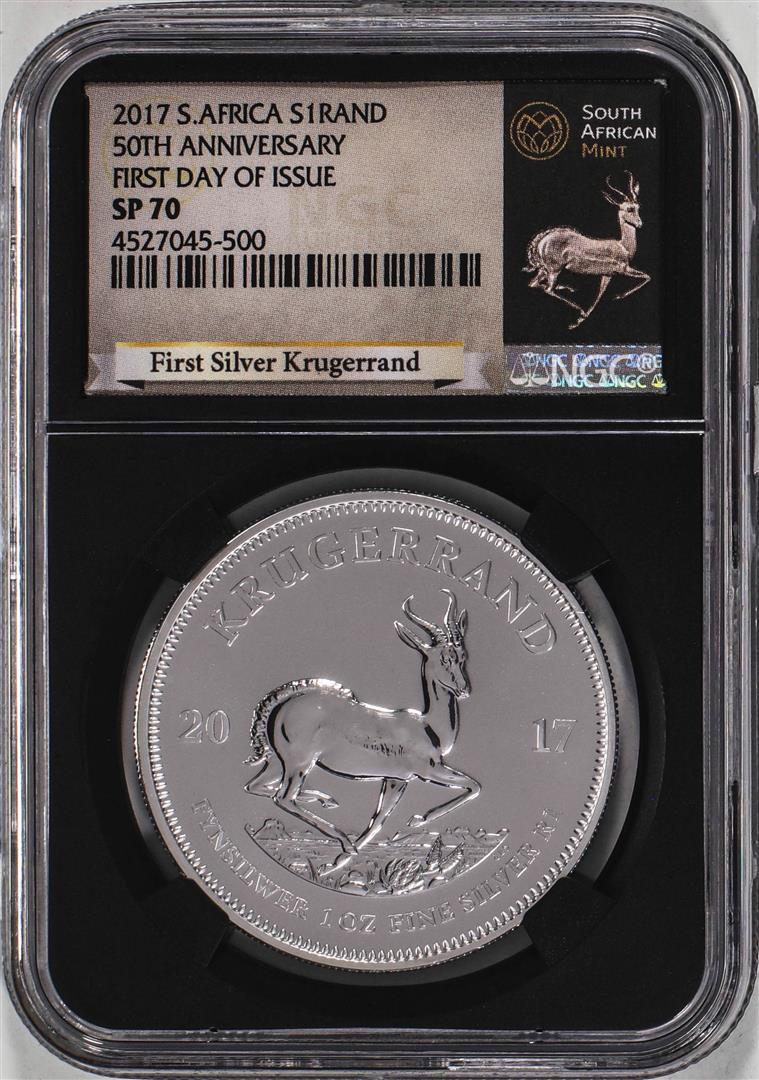 2017 South Africa Krugerrand Silver Coin NGC SP70 First Day Of Issue With COA: One 2017 South Africa Krugerrand Silver Coin NGC SP70 First Day Of Issue With COA. NGC Certified.