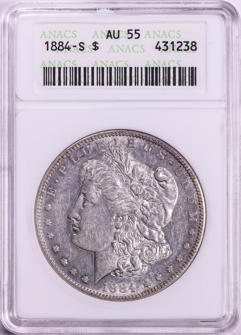 1884-S $1 Morgan Silver Dollar Coin ANACS AU55 Old Soap Box Holder: One 1884-S $1 Morgan Silver Dollar Coin ANACS AU55 Old Soap Box Holder. ANACS Certified.