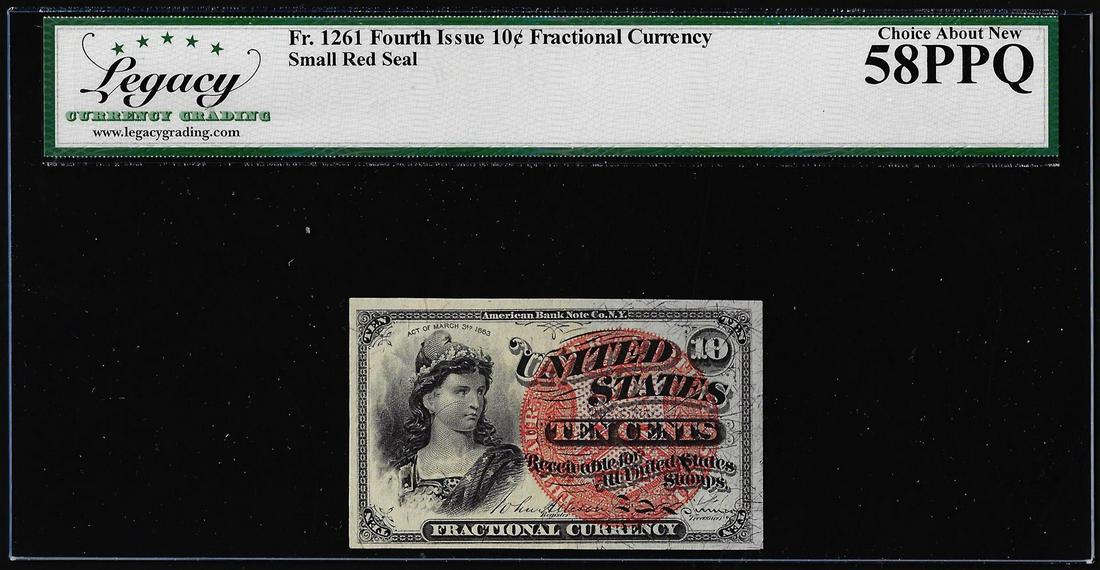 1863 4th Issue 10 Cents Fractional Currency Note Fr.1261 Legacy Choice About New 58PPQ: One 1863 4th Issue 10 Cents Fractional Currency Note Fr.1261 Legacy Choice About New 58PPQ. Legacy Graded.