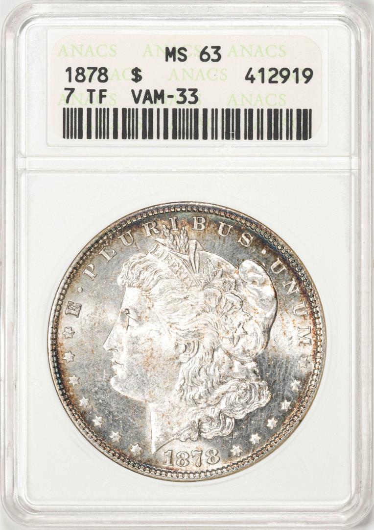 1878 7TF Reverse of 78 VAM-33 $1 Morgan Silver Dollar Coin ANACS MS63 Old Soap Box: One 1878 7TF Reverse of 78 VAM-33 $1 Morgan Silver Dollar Coin ANACS MS63 Old Soap Box. ANACS Certified.