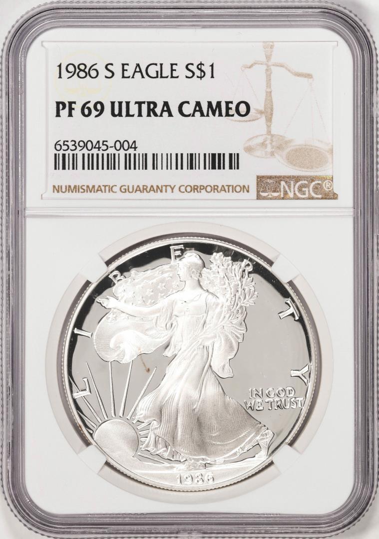 1986-S Proof $1 American Silver Eagle Coin NGC PF69 Ultra Cameo: One 1986-S Proof $1 American Silver Eagle Coin NGC PF69 Ultra Cameo. NGC Certified.