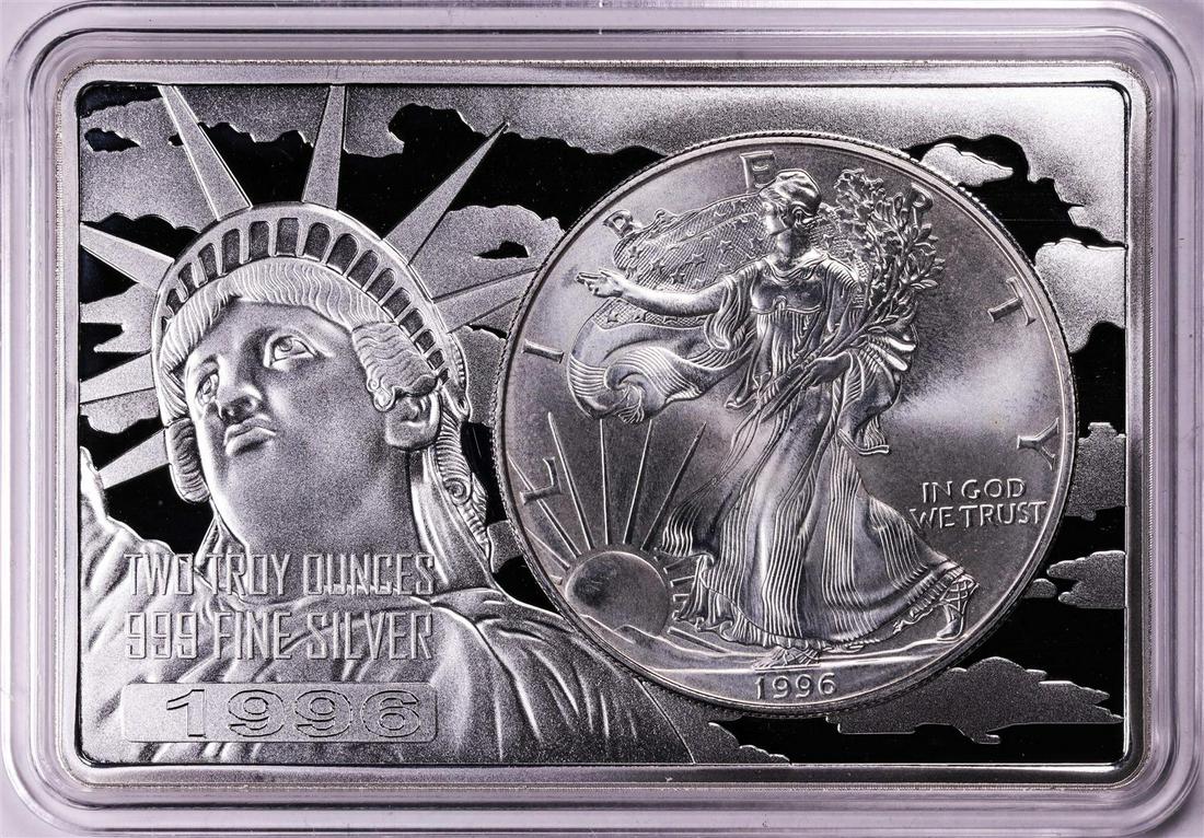 1996 $1 American Silver Eagle Coin & 2oz Silver Bar Set: One 1996 $1 American Silver Eagle Coin & 2oz Silver Bar Set.