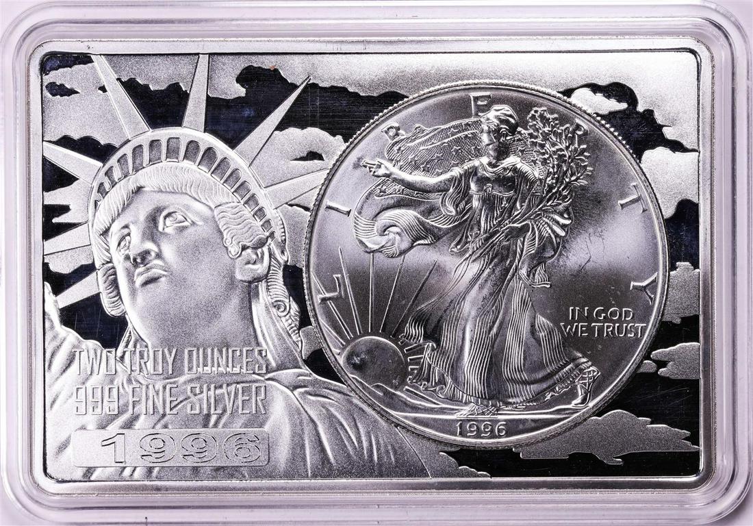 1996 $1 American Silver Eagle Coin & 2oz Silver Bar Set: One 1996 $1 American Silver Eagle Coin & 2oz Silver Bar Set.