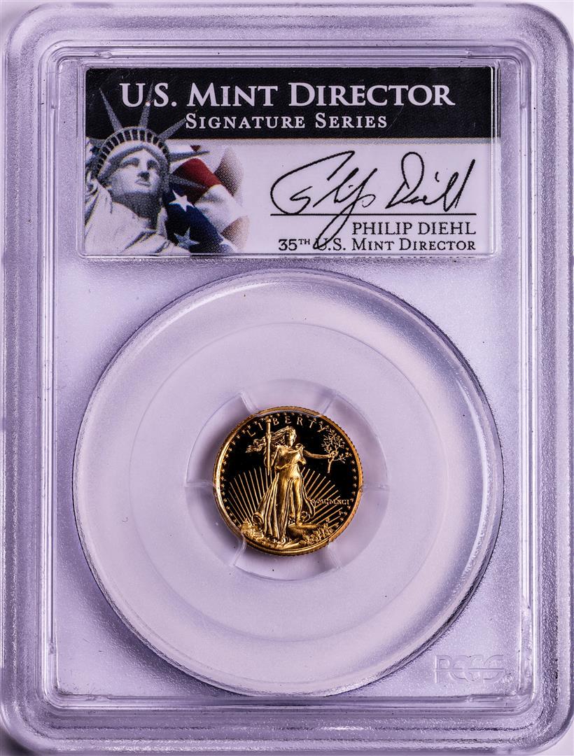 1991-P $5 Proof American Gold Eagle Coin PCGS PR70DCAM Philip Diehl Signature: One 1991-P $5 Proof American Gold Eagle Coin PCGS PR70DCAM Philip Diehl Signature. PCGS Graded.