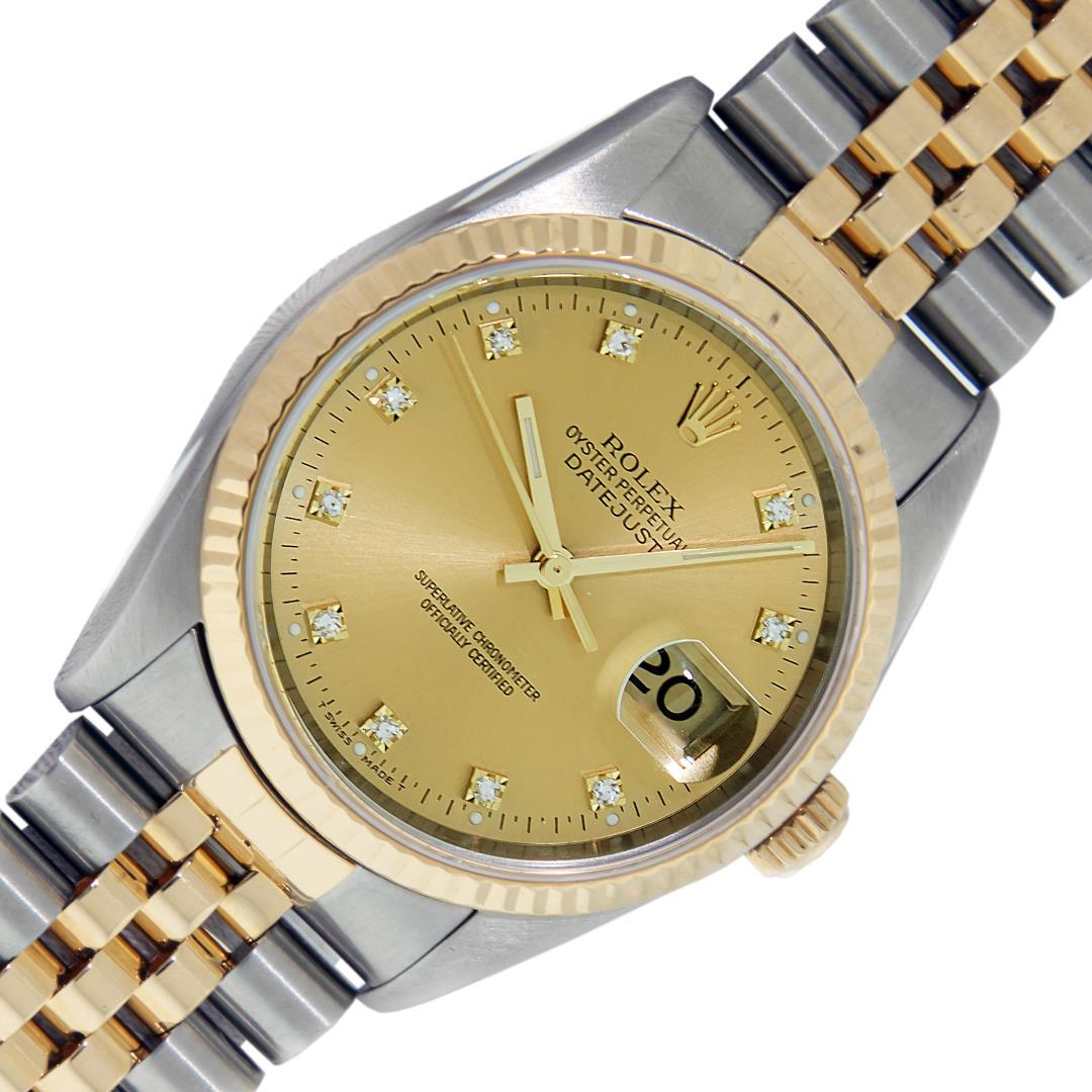 Rolex Mens Two Tone Factory VVS Champagne Diamond Datejust Wristwatch: One Mens Pre Owned 18K Yellow Gold And Stainless Steel Rolex Datejust Polished, Serviced & Electronically Tested, Rolex Yellow Gold & Stainless Steel Case: 36mm, Rolex Yellow Gold Crown, Rolex Bezel: