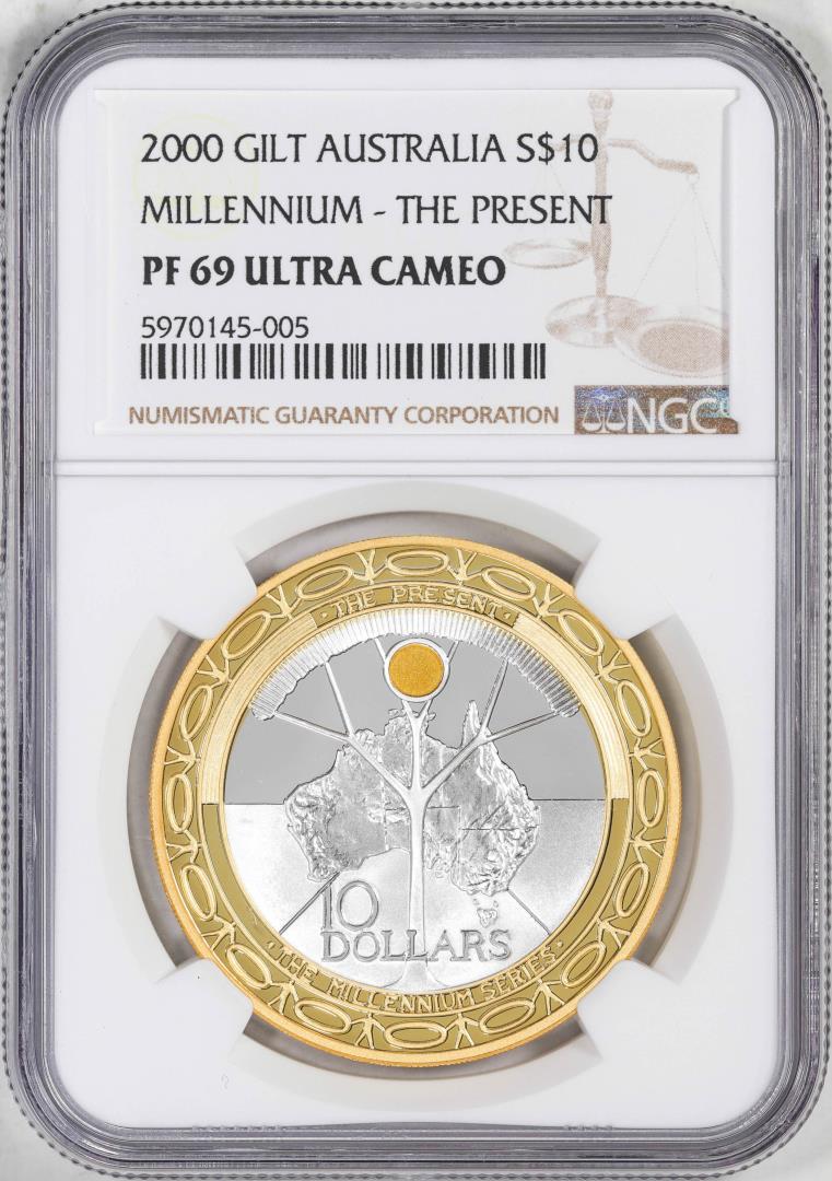 2000 Gilt Australia Proof $10 Millennium-The Present Silver Coin NGC PF69 Ultra Cameo: One 2000 Gilt Australia Proof $10 Millennium-The Present Silver Coin NGC PF69 Ultra Cameo. NGC Certified.