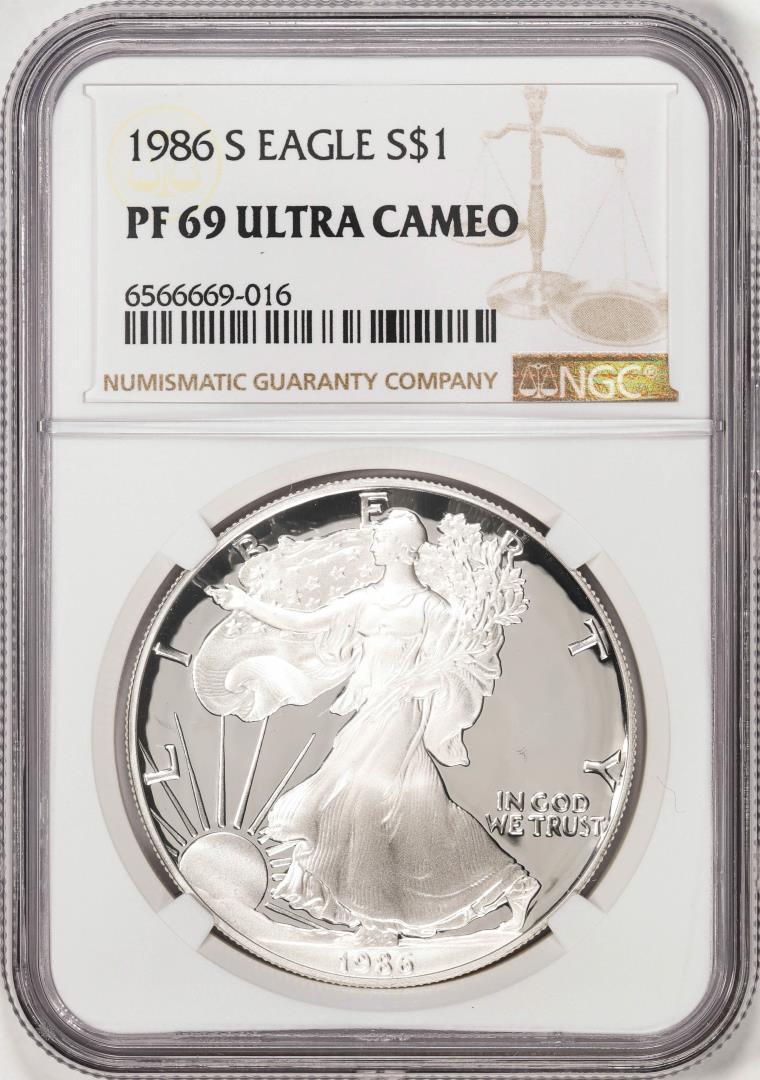 1986-S Proof $1 American Silver Eagle Coin NGC PF69 Ultra Cameo: One 1986-S Proof $1 American Silver Eagle Coin NGC PF69 Ultra Cameo. NGC Certified.
