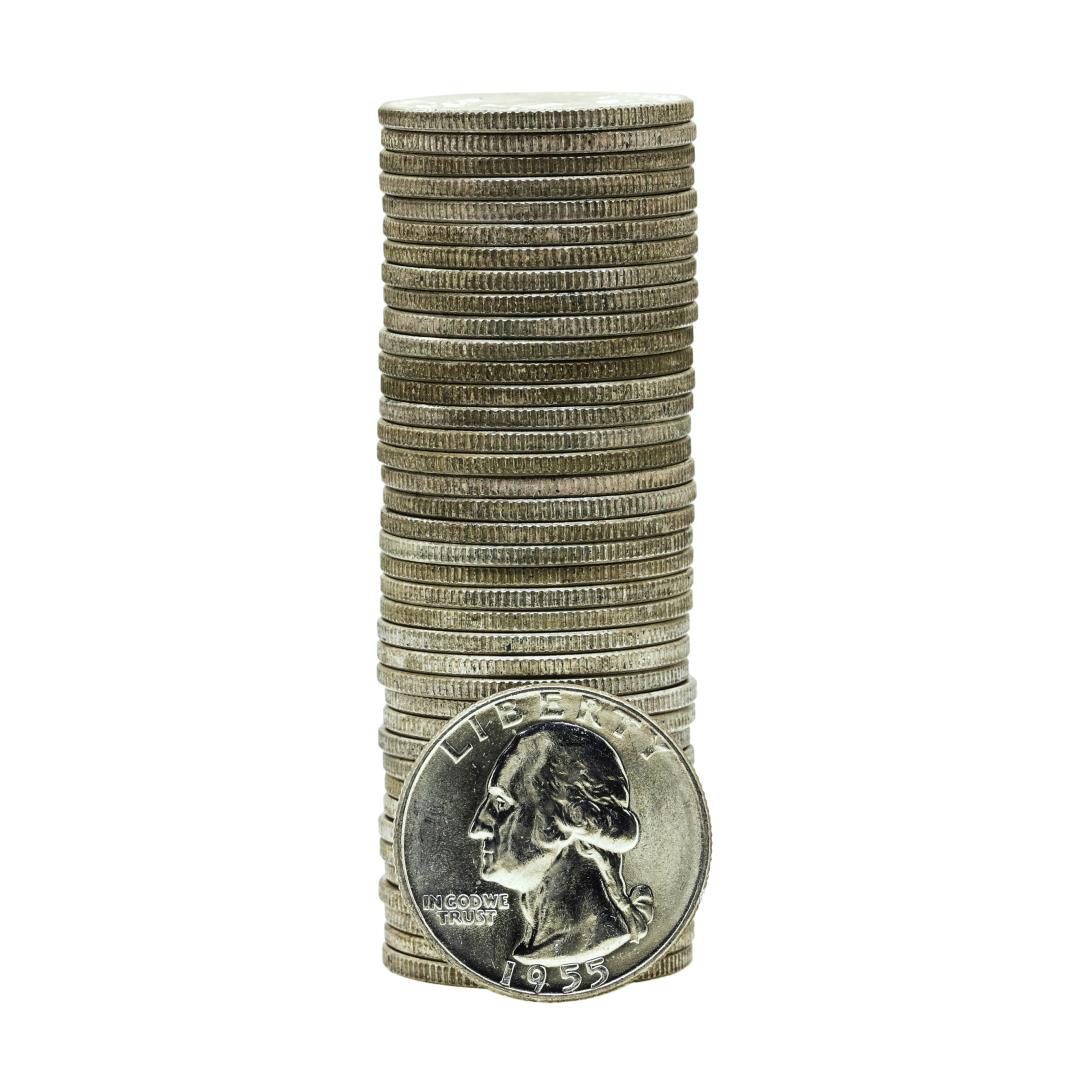 Roll of (40) Brilliant Uncirculated 1955-D Washington Quarter Coins: One Roll of (40) Brilliant Uncirculated 1955-D Washington Quarter Coins.