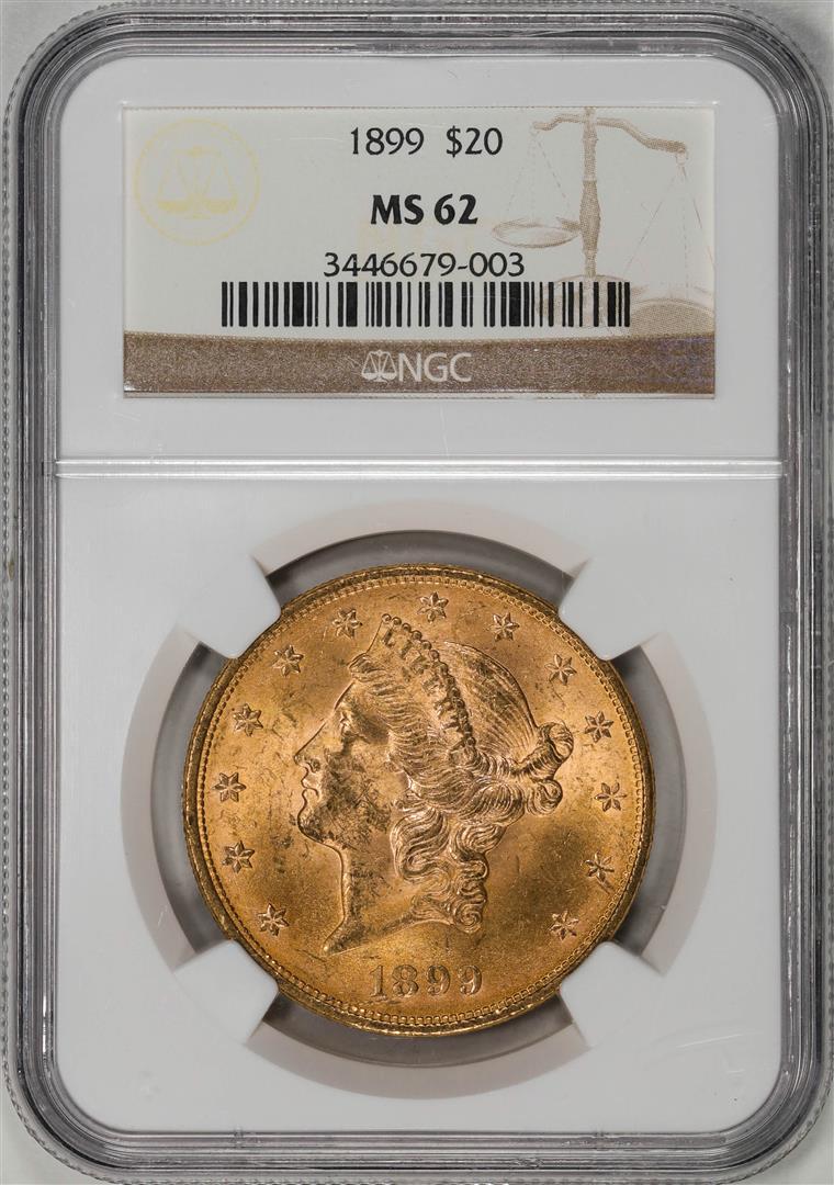1899 $20 Liberty Head Double Eagle Gold Coin NGC MS62: One 1899 $20 Liberty Head Double Eagle Gold Coin NGC MS62. NGC Certified.