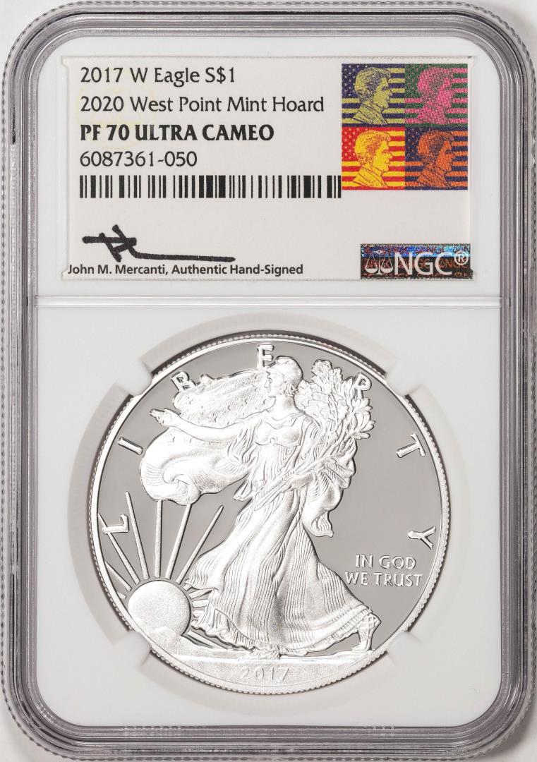 2017-W $1 Proof American Silver Eagle Coin NGC PF70 Ultra Cameo Mercanti Signature: One 2017-W $1 Proof American Silver Eagle Coin NGC PF70 Ultra Cameo Mercanti Signature. NGC Certified.