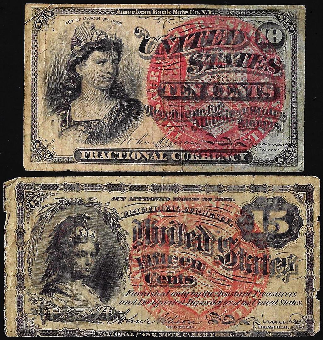Lot of 1863 Fourth Issue 10 & 15 Cents Fractional Currency Notes: One Lot of 1863 Fourth Issue 10 & 15 Cents Fractional Currency Notes.