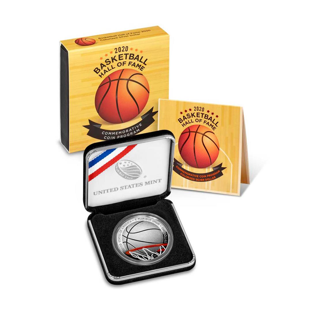 2020 $1 Proof Basketball HOF Colorized Commemorative Silver Dollar Coin w/ COA & Box: One 2020 $1 Proof Basketball HOF Colorized Commemorative Silver Dollar Coin w/ COA & Box.