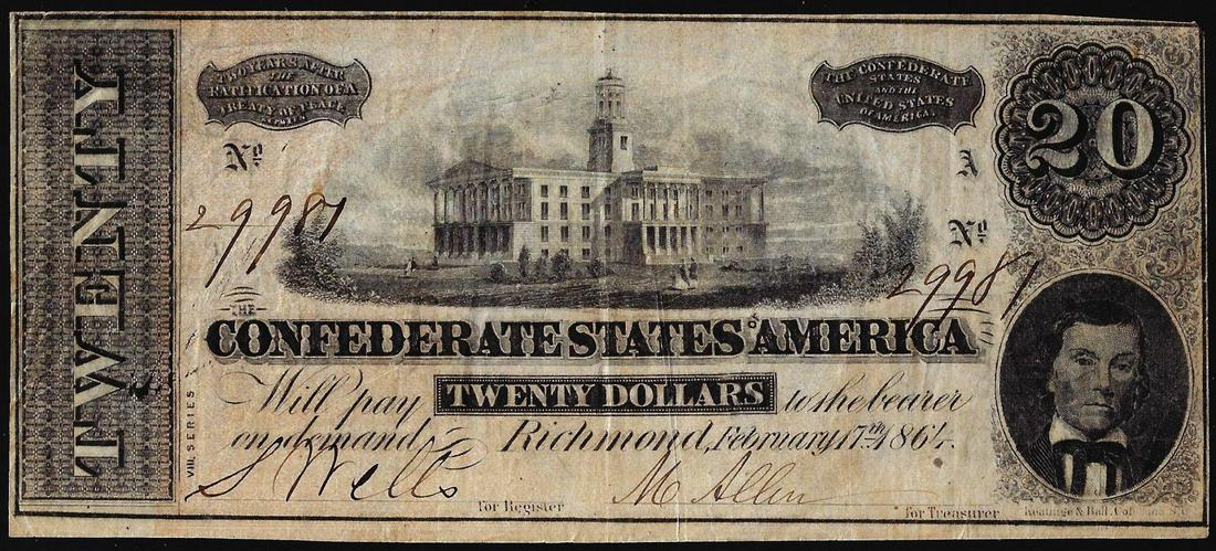 1864 $20 Confederate States of America Note: One 1864 $20 Confederate States of America Note.