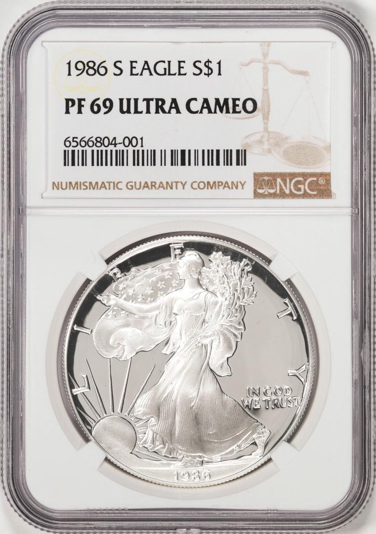 1986-S Proof $1 American Silver Eagle Coin NGC PF69 Ultra Cameo: One 1986-S Proof $1 American Silver Eagle Coin NGC PF69 Ultra Cameo. NGC Certified.