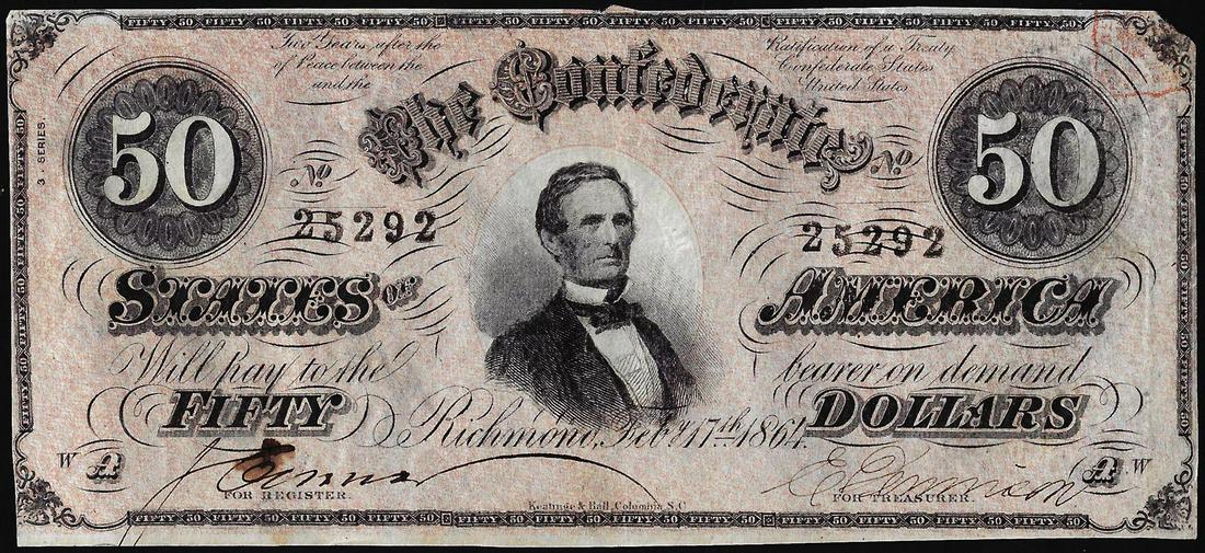 1864 $50 Confederate States of America Note: One 1864 $50 Confederate States of America Note.