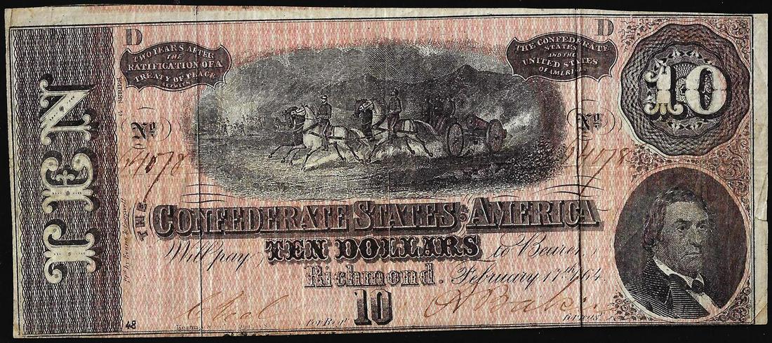 1864 $10 Confederate States of America Note: One 1864 $10 Confederate States of America Note.