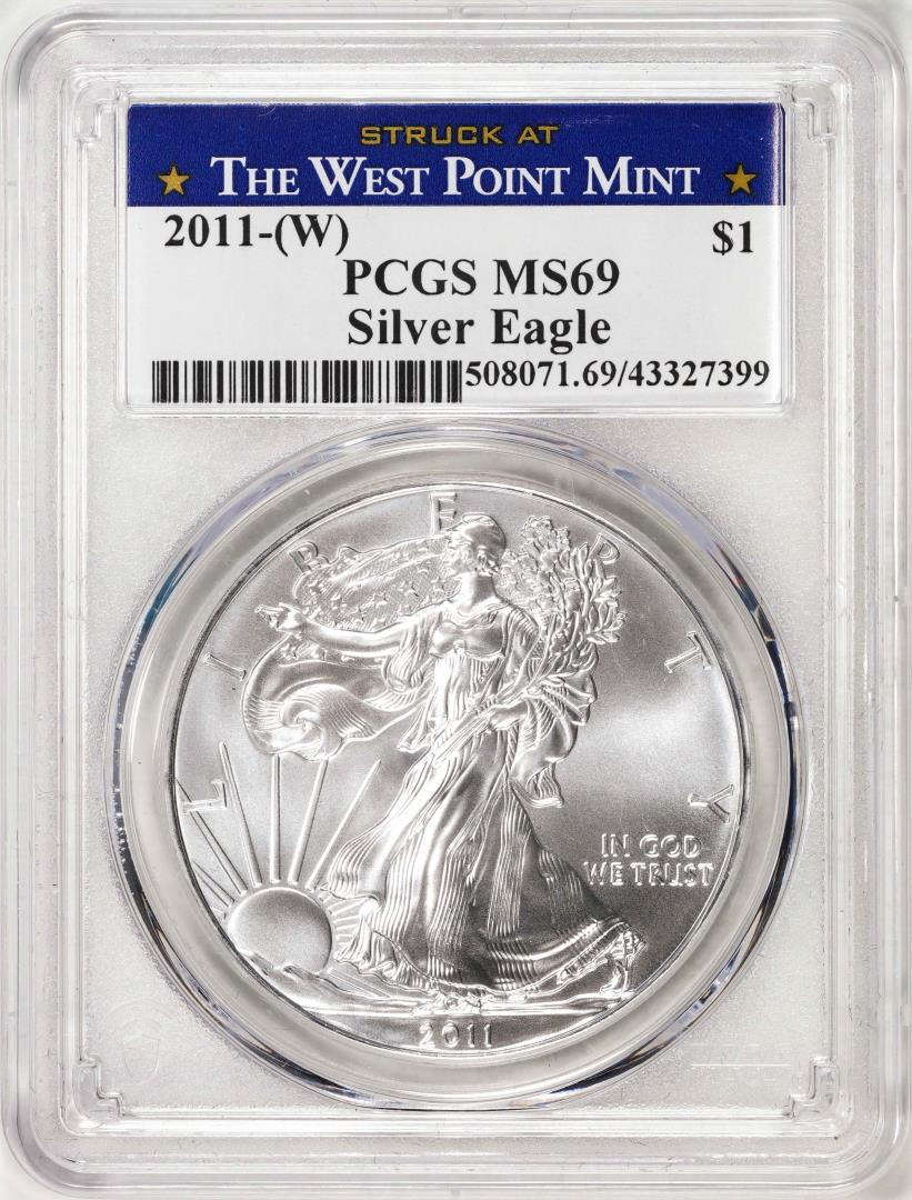 2011-(W) $1 American Silver Eagle Coin PCGS MS69 West Point Mint: One 2011-(W) $1 American Silver Eagle Coin PCGS MS69 West Point Mint. PCGS Graded.