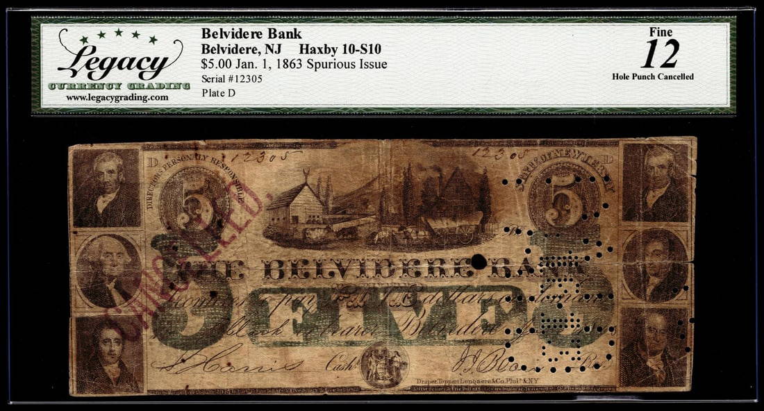 1863 5 Belvidere Bank Belvidere, Nj Haxby 10s10 Obsolete Note Legacy Fine 12 Auction