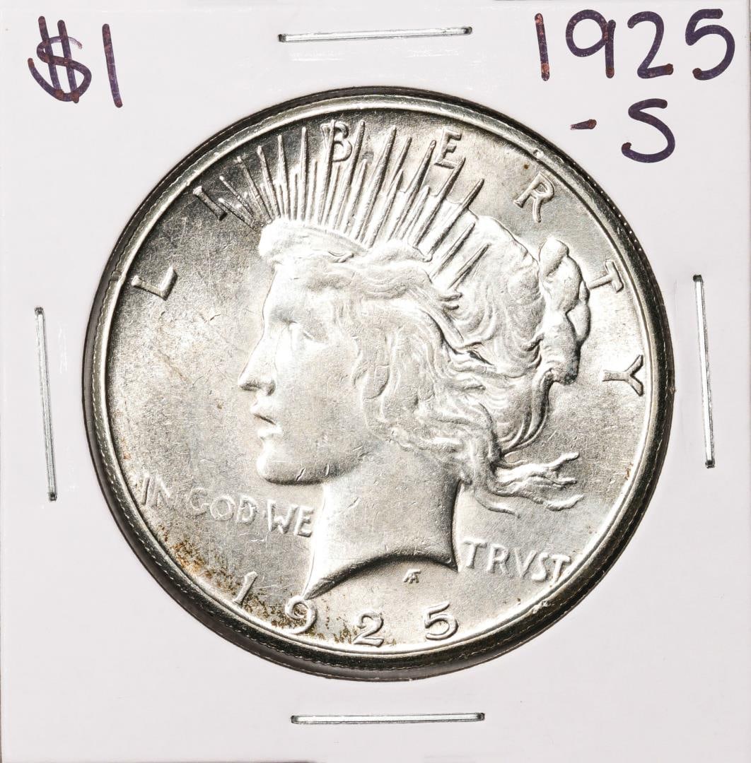 1925-S $1 Peace Silver Dollar Coin: One 1925-S $1 Peace Silver Dollar Coin.