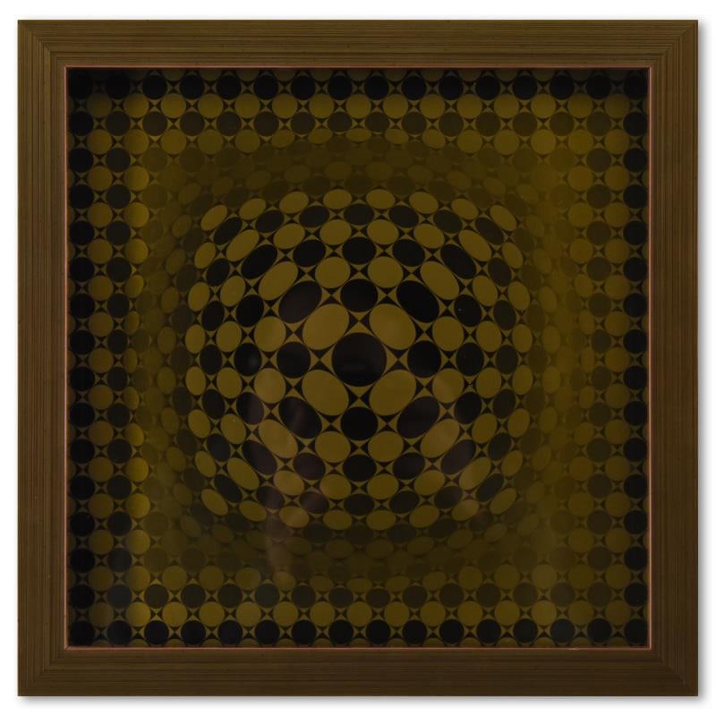 Victor Vasarely "Vega - Jg De La Serie Vega" Mixed Media Print On Paper: "Vega - JG de la Serie Vega" is a heliogravure print on paper, published in 1971, by Victor Vasarely (1908-1997). This piece comes custom framed, with a letter of authenticity and with a 1976 Vasarely