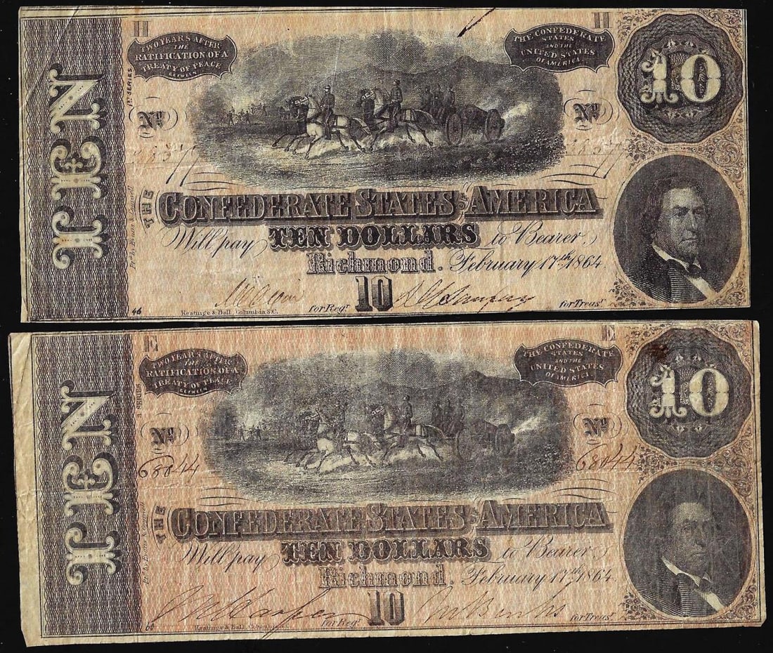 Lot of (2) 1864 $10 Confederate States of America Notes: One Lot of (2) 1864 $10 Confederate States of America Notes.