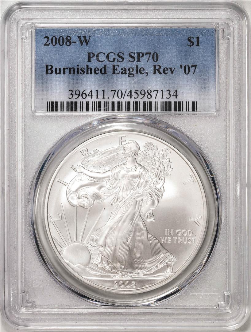 2008-W $1 Burnished Eagle Reverse '07 American Silver Eagle Coin PCGS SP70: One 2008-W $1 Burnished Eagle Reverse '07 American Silver Eagle Coin PCGS SP70. PCGS Graded.