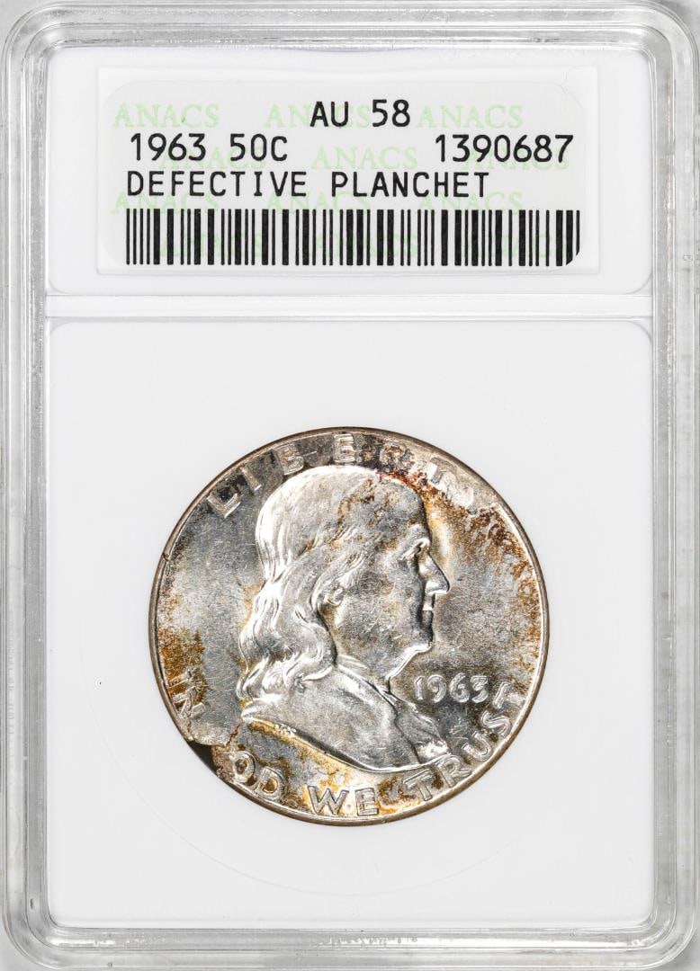1963 Franklin Half Dollar Coin Mint Error - Defective Planchet ANACS AU58: One 1963 Franklin Half Dollar Coin Mint Error - Defective Planchet ANACS AU58. ANACS Certified.