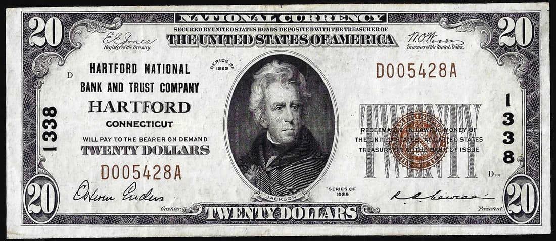 1929 $20 National Bank and Trust Co. Hartford, CT CH# 1338 National Currency Note: One 1929 $20 National Bank and Trust Co. Hartford, CT CH# 1338 National Currency Note.