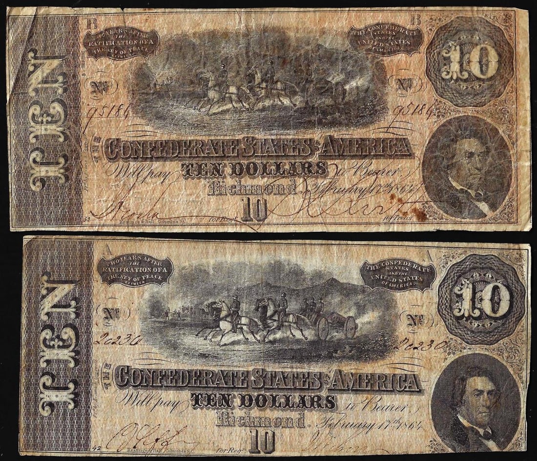 Lot of (2) 1864 $10 Confederate States of America Notes: One Lot of (2) 1864 $10 Confederate States of America Notes.
