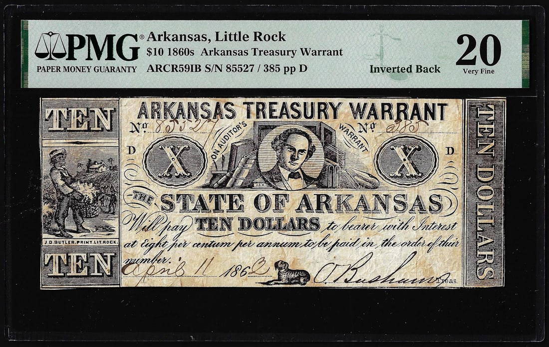 1862 10 Arkansas Treasury Warrant Inverted Back Error Obsolete Note
