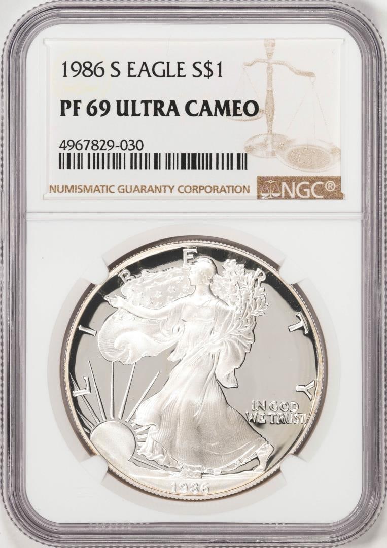 1986-S Proof $1 American Silver Eagle Coin NGC PF69 Ultra Cameo: One 1986-S Proof $1 American Silver Eagle Coin NGC PF69 Ultra Cameo. NGC Certified.