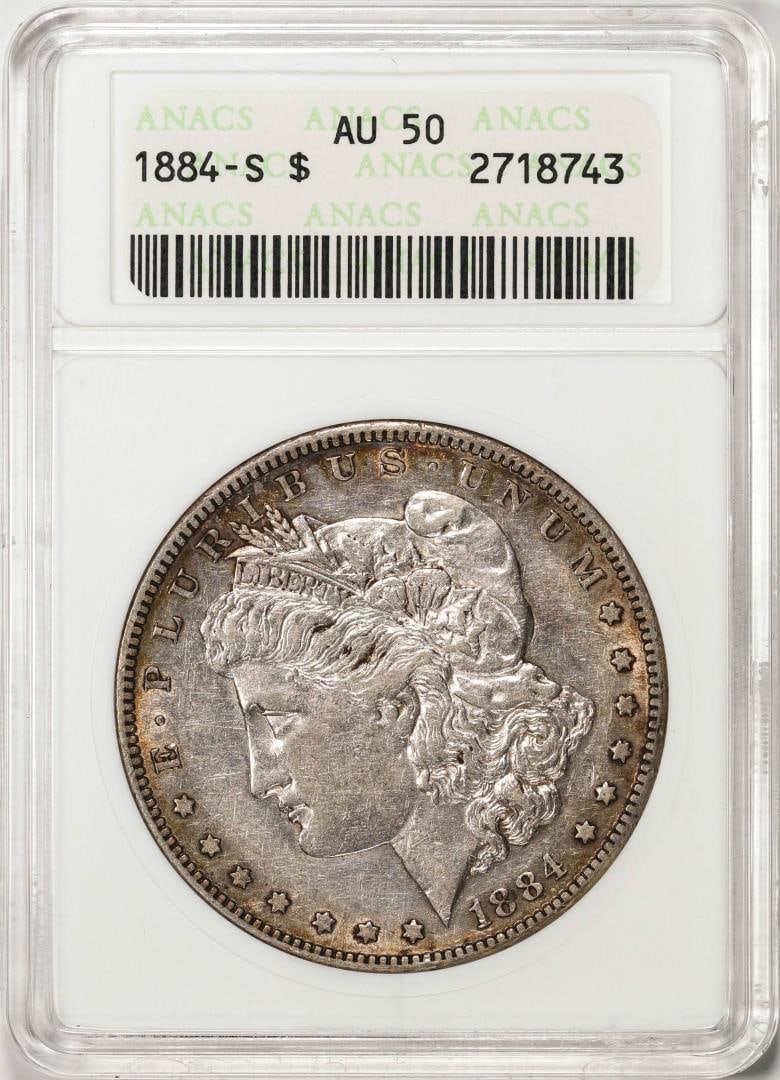 1884-S $1 Morgan Silver Dollar Coin ANACS AU50 Old Soap Box Holder: One 1884-S $1 Morgan Silver Dollar Coin ANACS AU50 Old Soap Box Holder. ANACS Certified.
