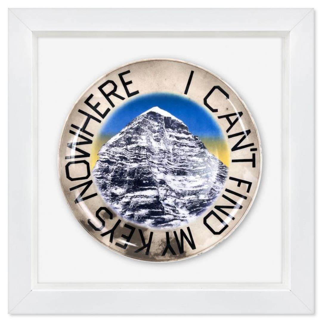 Ed Ruscha "Can't Find Keys" Framed Limited Edition Plate: "Can't Find Keys" is a limited edition plate by Ed Ruscha. This plate is custom framed and floated on linen. Includes Letter of Authenticity. Measures approx. 15.5" x 15.5" (frame), 11" (plate diamete