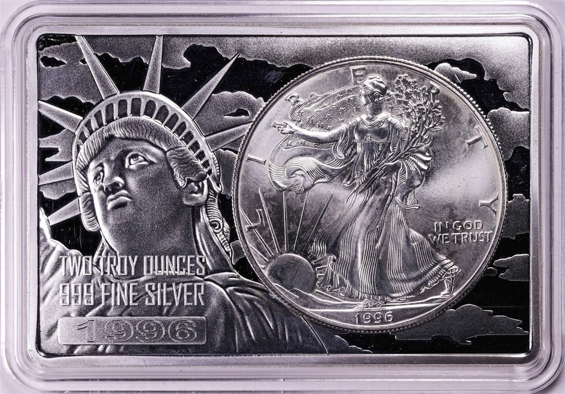 1996 $1 American Silver Eagle Coin & 2oz Silver Bar Set: One 1996 $1 American Silver Eagle Coin & 2oz Silver Bar Set.
