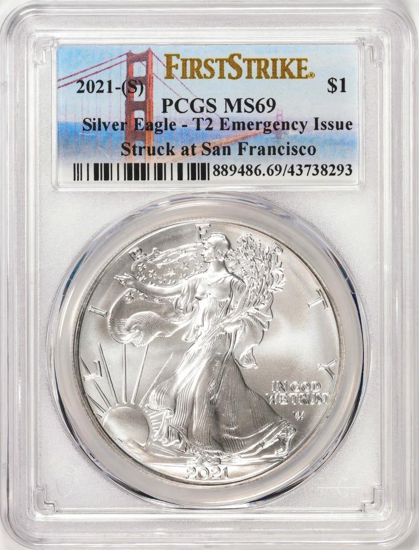 2021-(S) Type 2 $1 American Silver Eagle Coin PCGS MS69 First Strike Emergency Issue: One 2021-(S) Type 2 $1 American Silver Eagle Coin PCGS MS69 First Strike Emergency Issue. PCGS Graded.