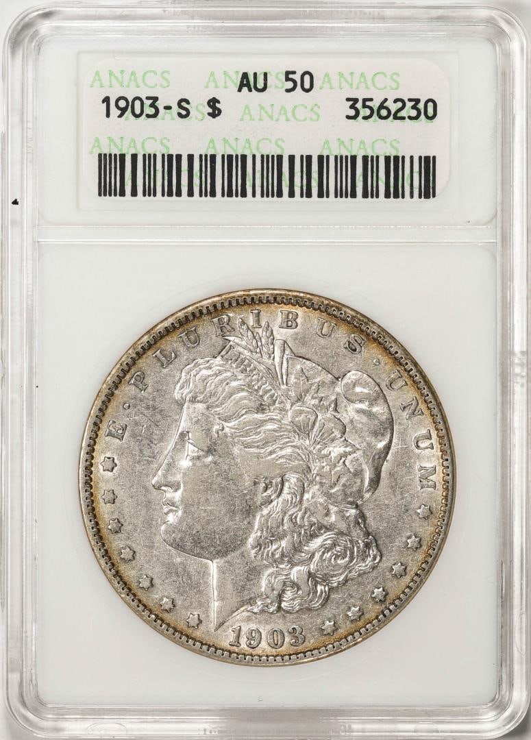 1903-S $1 Morgan Silver Dollar Coin ANACS AU50 Old Soap Box Holder: One 1903-S $1 Morgan Silver Dollar Coin ANACS AU50 Old Soap Box Holder. ANACS Certified.