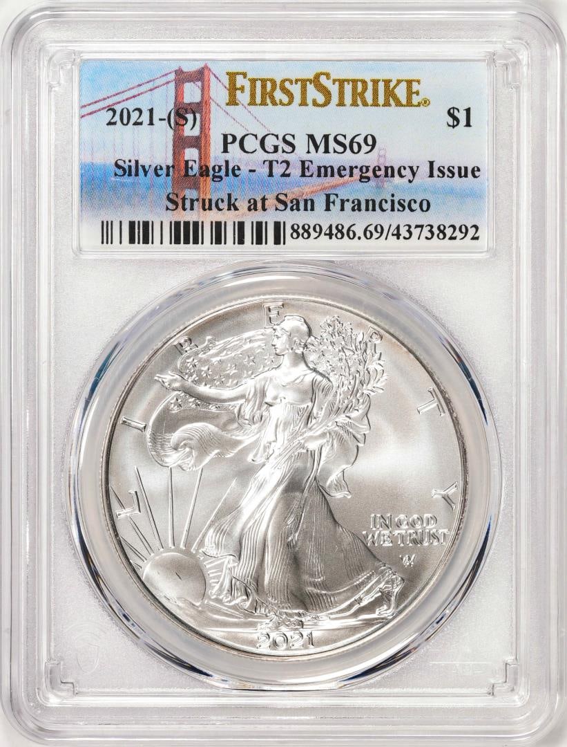 2021-(S) Type 2 $1 American Silver Eagle Coin PCGS MS69 First Strike Emergency Issue: One 2021-(S) Type 2 $1 American Silver Eagle Coin PCGS MS69 First Strike Emergency Issue. PCGS Graded.