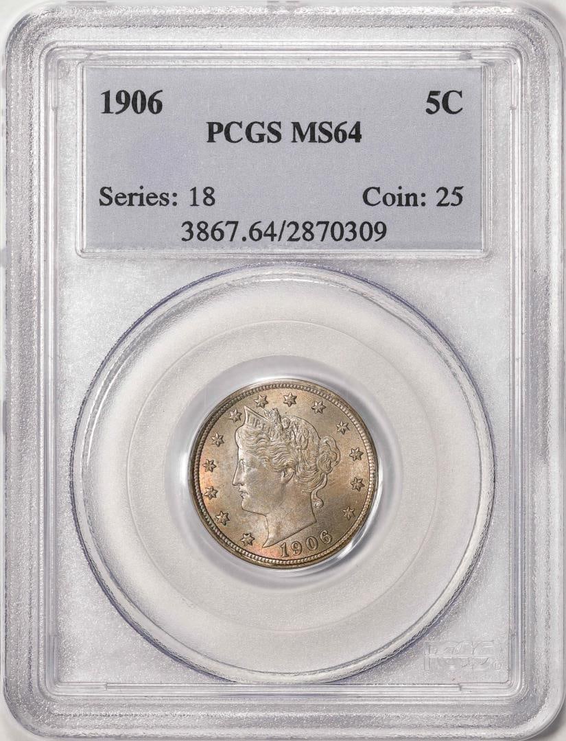 1906 Liberty V Nickel Coin PCGS MS64: One 1906 Liberty V Nickel Coin PCGS MS64. PCGS Graded.