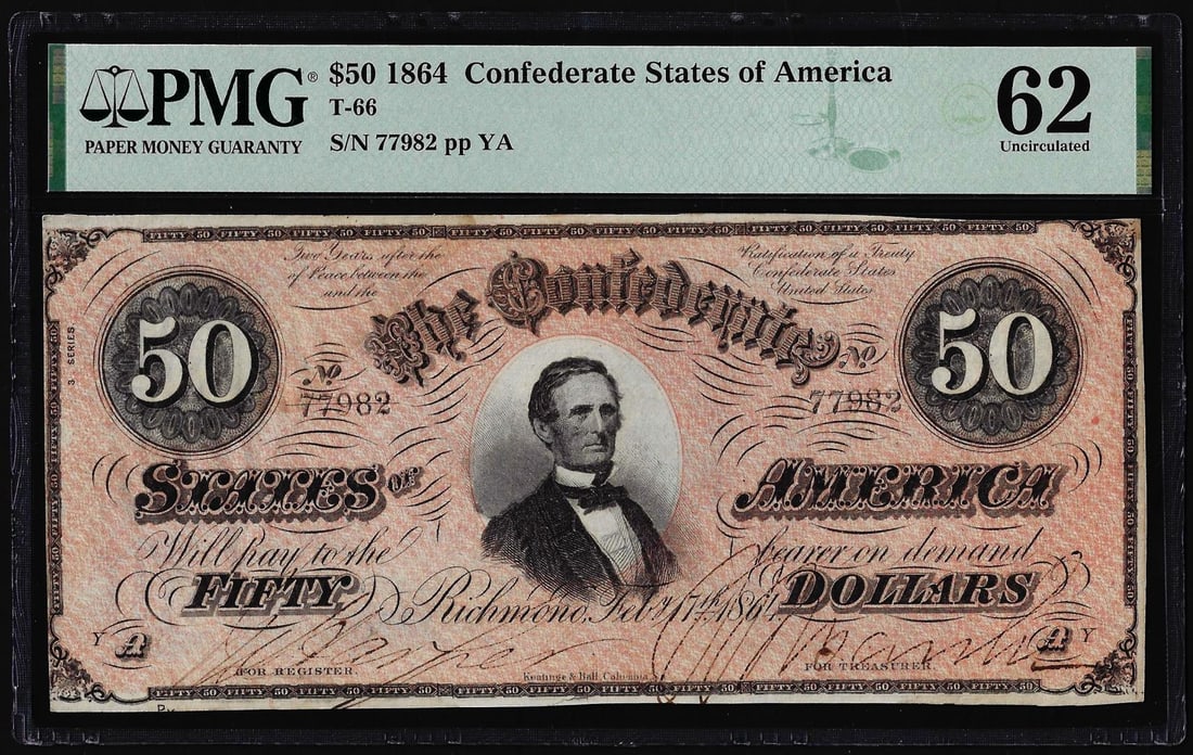 1864 $50 Confederate States of America Note T-66 PMG Uncirculated 62: One 1864 $50 Confederate States of America Note T-66 PMG Uncirculated 62. PMG Certified.