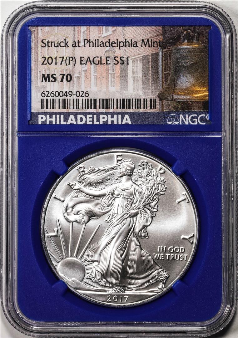 2017(P) $1 American Silver Eagle Coin NGC MS70 Struck at Philadelphia: One 2017(P) $1 American Silver Eagle Coin NGC MS70 Struck at Philadelphia. NGC Certified.