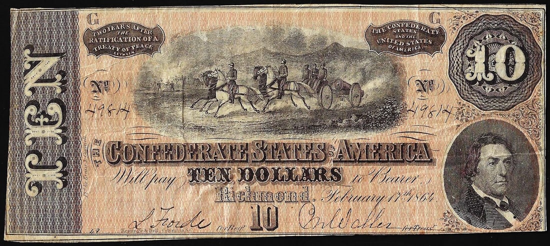 1864 $10 Confederate States of America Note: One 1864 $10 Confederate States of America Note.